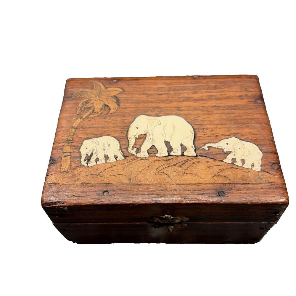 Vintage Jewelry Box Wooden With Inlay Work Gift Elephants With Palm Handmade